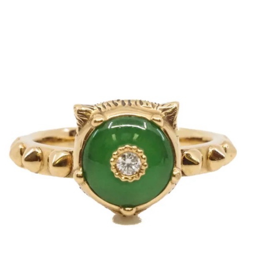 Gucci 18K Yellow Gold Le Marché des Merveilles Jade & Diamond Feline Head Ring.